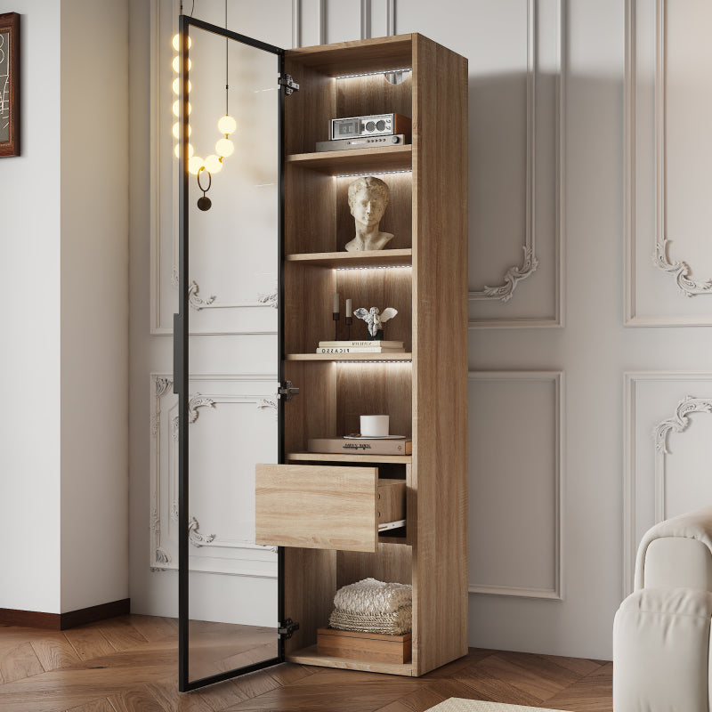 Badezimmerschrank, mittel, mit Lichtleiste, 40 cm breit, mit 1 großen Schubladen und 1 Türen, Glastür
