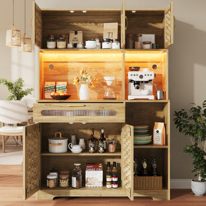 Hochschrank 120x40x180cm Vitrine mit LED-App-Steuerung & Musikmodus, Küchenschrank Natur Holzoptik, MDF-Geflecht & Glastüren