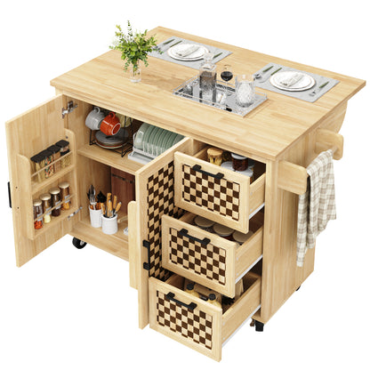 Kücheninsel 120x75cm klappbar Servicewagen mit Rollen, Buffetschrank Natur Holzoptik, Schachbrettmuster, 3 Schubladen & Handtuchhalter