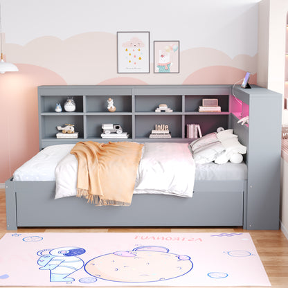 Massivholz-Doppelbett 140x200 Weiß mit LED & USB - Multifunktionales Sofa-Bett mit großen Schubladen, Ablagefächern & viel Stauraum, Grau