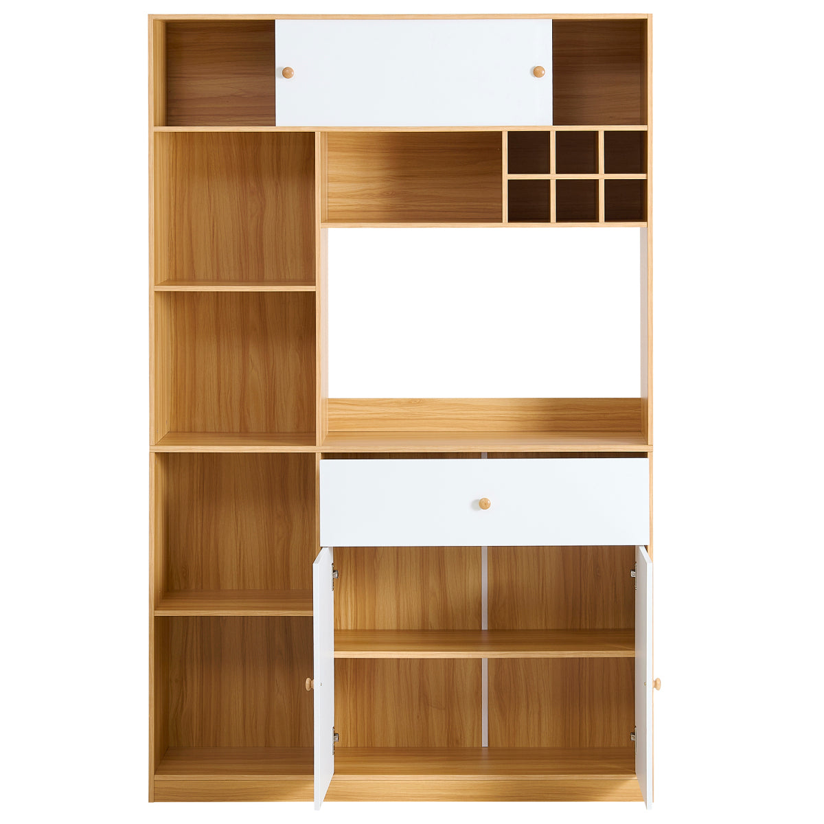 Küchenschrank 115×35×180 cm mit LED, Küchenbuffet mit Schublade, 3 Türen & Regalen, Hochschrank für Mikrowelle – Weiß/Natur