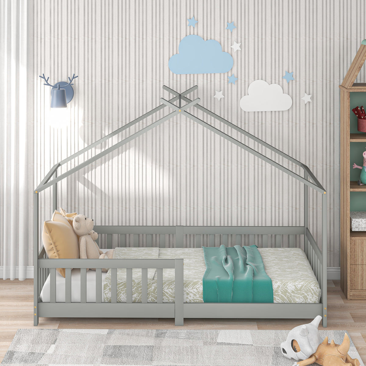Hausbett 90x200 Grau, Kinderbett mit Rausfallschutz & Lattenrost, Abenteuerbett Kiefer Massivholz