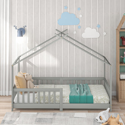 Hausbett 90x200 Grau, Kinderbett mit Rausfallschutz & Lattenrost, Abenteuerbett Kiefer Massivholz