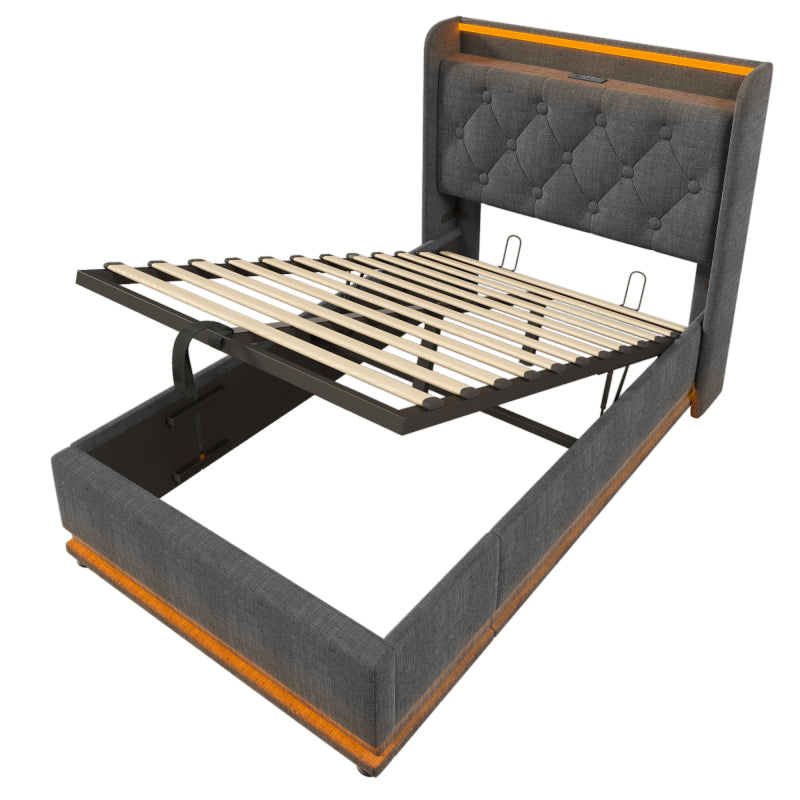 Polsterbett einzelbett,360-Surround-LED-Funktion, Drucktaste/App/Fernbedienung,90*200 cm, Grau Leinen-Material Hydraulisches Lagerbett, gepolstertes Kopfteil mit USB Typ-C Ladefunktion (Ohne Matratze)