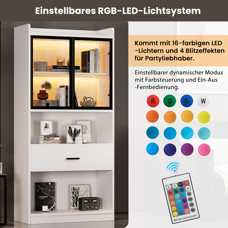 Curio Vitrine mit Licht, 16 Farben Licht, Sammlerstücke Schrank Display Regal, Bücherregal Vitrine für Wohnzimmer, weiß, schwarzer Fenste