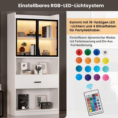 Curio Vitrine mit Licht, 16 Farben Licht, Sammlerstücke Schrank Display Regal, Bücherregal Vitrine für Wohnzimmer, weiß, schwarzer Fenste