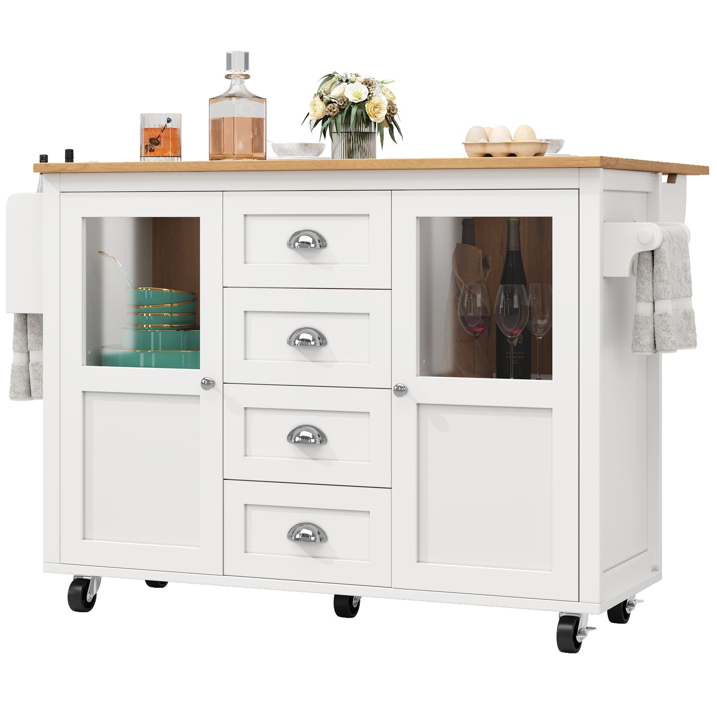 Kücheninsel,Küchenschrank,Buffetschrank,120x73(45)x93cm,ausziehbarer Küchenwagen mit Rollen, Handtuchhalter, Gewürzregal, verstellbaren Einlegeböden, zwei Türen, vier Schubladen, weiß