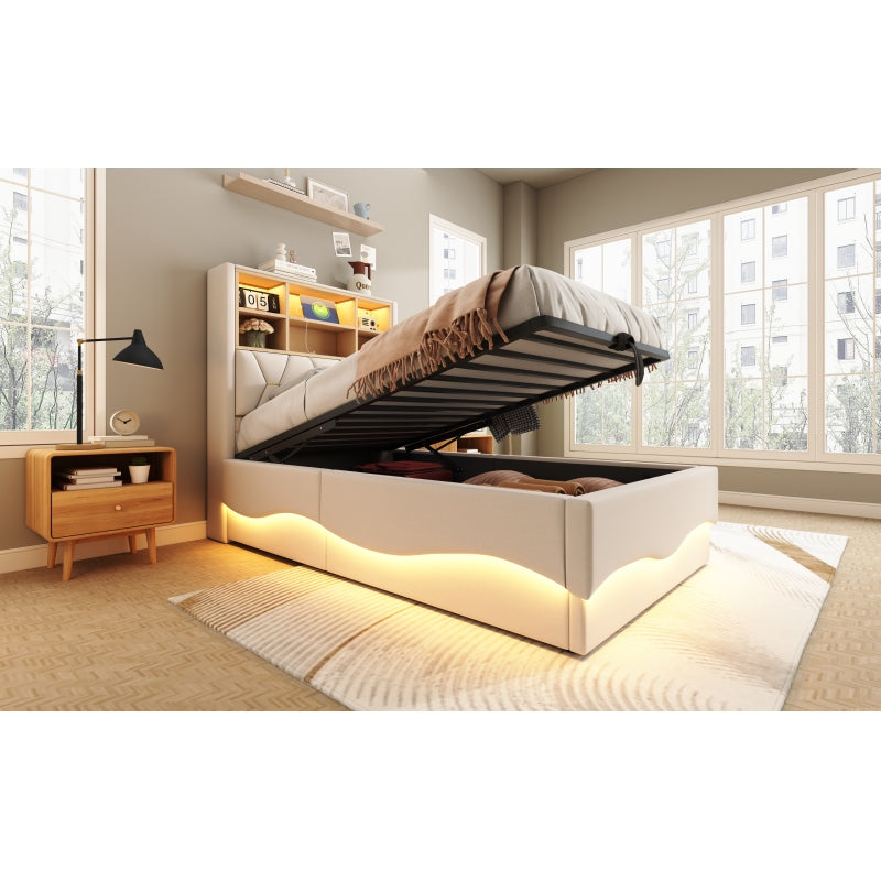 Kinderbett  90×200 cm mit hydraulischem Stauraum APP-gesteuertes LED-Lichtband USB-Ladeanschluss Metall-Lattenrost Leinenpolsterung Beige