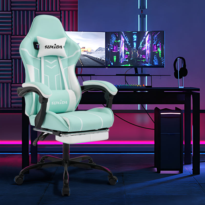 Gaming Stuhl Computerstuhl Ergonomischer Gaming Chair mit Fußstütze Bürostuhl Ergonomischer Computerstuhl mit Lendenwirbelstütze, Mintgrün