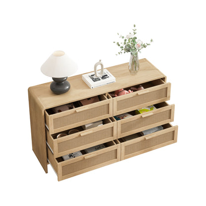 130CM Arc Shaped Corner Rattan Cabinet, 6-Drawers Rattan Storage Cabinet Rattan Drawer, for Living Room Bedroom,and Kitchen, Natural