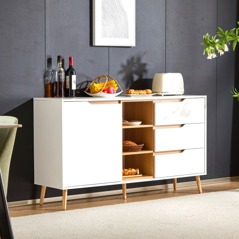 Modernes weißes Sideboard mit Einlegeböden, 3 Schubladen und offenem Stauraum, mit Kippschutz-Design – geeignet für Küche, Esszimmer und Wohnzimmer