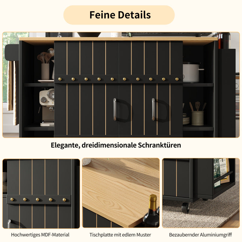 Küchenschrank, Servierwagen mit Holzmaserung, Küchenwagen mit rollen und arbeitsplatte, Küchenwagen mit Gewürzregal und Handtuchhalter, Kücheninsel mit Schiebetüren und Schubladen, schwarz