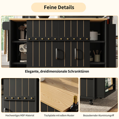 Küchenschrank, Servierwagen mit Holzmaserung, Küchenwagen mit rollen und arbeitsplatte, Küchenwagen mit Gewürzregal und Handtuchhalter, Kücheninsel mit Schiebetüren und Schubladen, schwarz