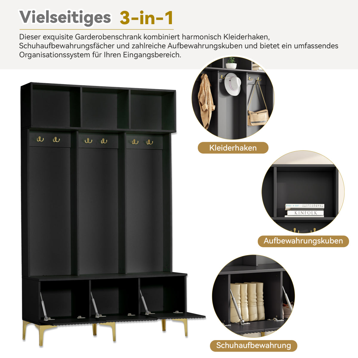Garderoben-Set mit Sitzbank, Schuhschrank & goldenen Details, Flurbaum aus Metall & Spanplatte, Schwarz, 120x191,5x23,5 cm