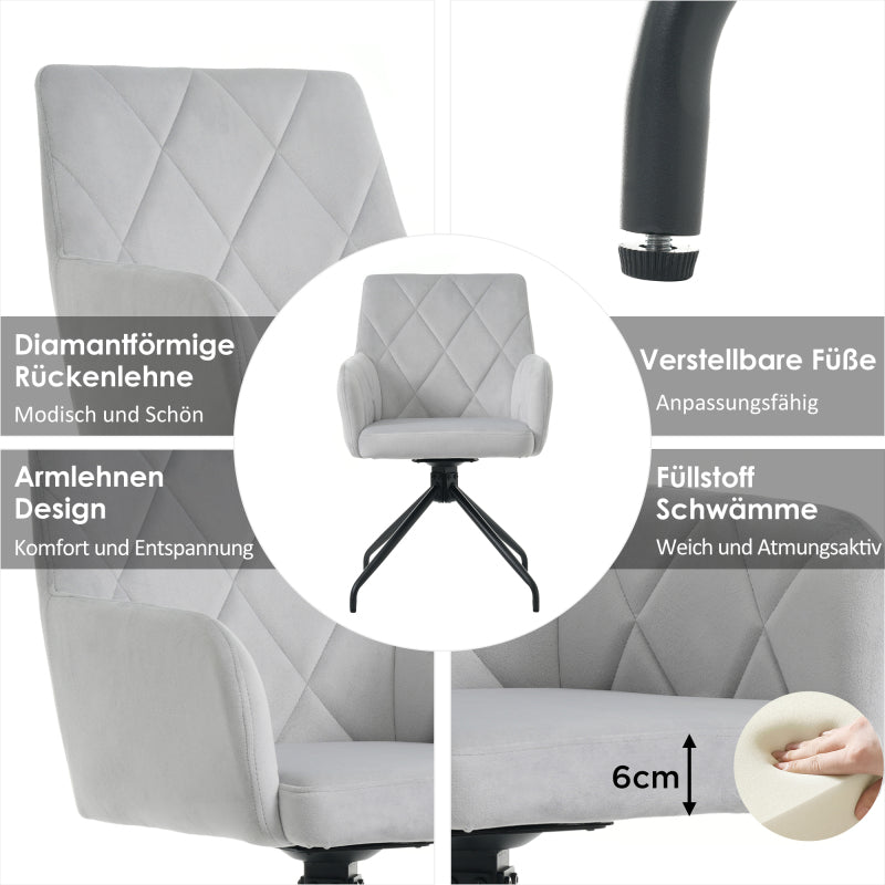 2er Set 360° Drehbarer Esszimmerstühle mit Rautenmuster,Gepolsterter Sessel mit 4 Metallbeinen,Moderner Lounge-Stuhl,Wohnzimmerstuhl für Shlafzimmer,Arbeitzimmer,Lendenwirbelstütze,Samt,Grau