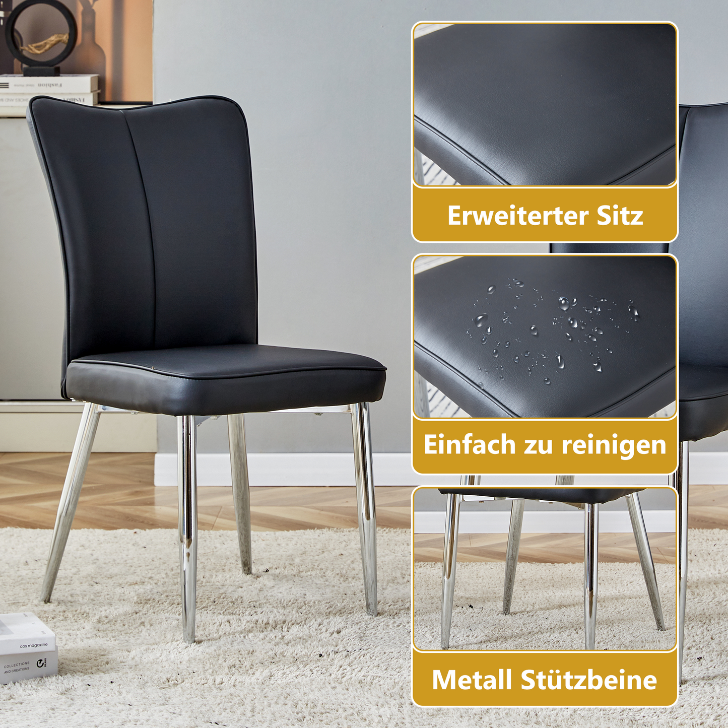 Esszimmerstuhl 2er Set Schwarz PU Leder Modernes Design 89 cm Hoch Silberfarbene Metallbeine Mehrfarbig Erhältlich Bequeme Stühle für Büro und Restaurant