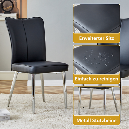 Esszimmerstuhl 2er Set Schwarz PU Leder Modernes Design 89 cm Hoch Silberfarbene Metallbeine Mehrfarbig Erhältlich Bequeme Stühle für Büro und Restaurant