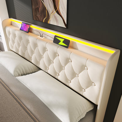 Polsterbett Doppelbett, 360-Surround-LED-Funktion, Drucktaste/App/Fernbedienung, 160*200 cm, weiß PU-Material Hydraulisches Lagerbett, gepolstertes Kopfteil mit USB Typ-C Ladefunktion (Mit Matratze)