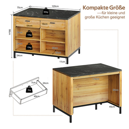 Kücheninsel 120x75 cm (Eiche & Marmor-Optik), Küchentheke mit Sitzplatz, 2 Schubladen, Metallgestell