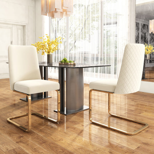 Samt-Esszimmerstuhl, 2er-Set, Lounge-Sessel, Diamant-Rücken-Design, mit goldfarbenen Metall-Stützbeinen, Beige