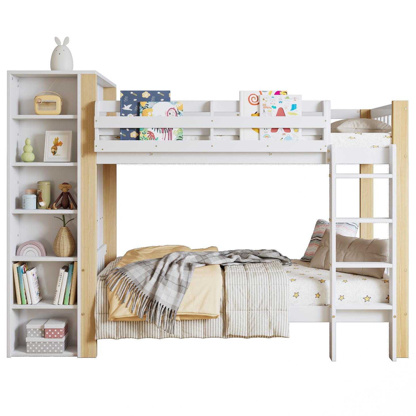 Etagenbett, Kinderbett mit Fallschutz und Gitter, mit 4-stufiger Leiter, 6 offenen Regalen, Kleiderschrank seitlich, Reichlich Stauraum,  Kiefer+PB, Weiß+Natur,  90x200cm