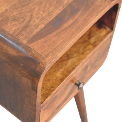 Mini Nachttisch aus Massivholz – Kastanienbraun, Curved Design, 1 Schublade & offenes Fach, Handgefertigt, Nordic-Stil, 30x30x55 cm