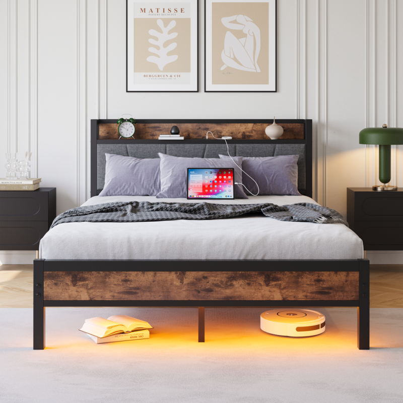 140x200cm Größe Bettrahmen mit intelligenten LED-Lichtern, Speicherkopf mit USB-Ladestation, Heavy Duty Metalllamellen Unterstützungsplattform, Lärmfrei, Einfache Montage, Keine Boxfeder erforderlich
