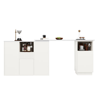 Um 360° drehbarer Bartisch (Hauptkörper 198,5 x 30 x 75 cm), modernes und schlichtes weißes Design, mit offenem Stauraum und Marmor-Arbeitsplatte, geeignet für Küche, Wohnzimmer und Esszimmer