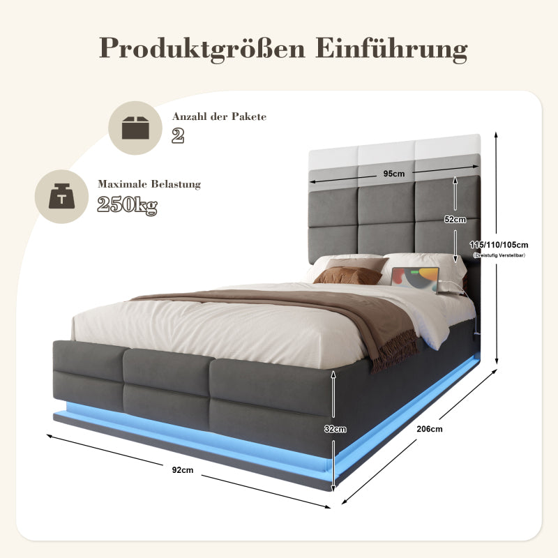 90x200 cm Modernes Velours-Polsterbett mit höhenverstellbarem Kopfteil - Inkl. USB/Type-C-Anschlüssen, LED-Ambientebeleuchtung, hydraulischem Lift-System & XXL-Stauraum (ohne Matratze) - Gray