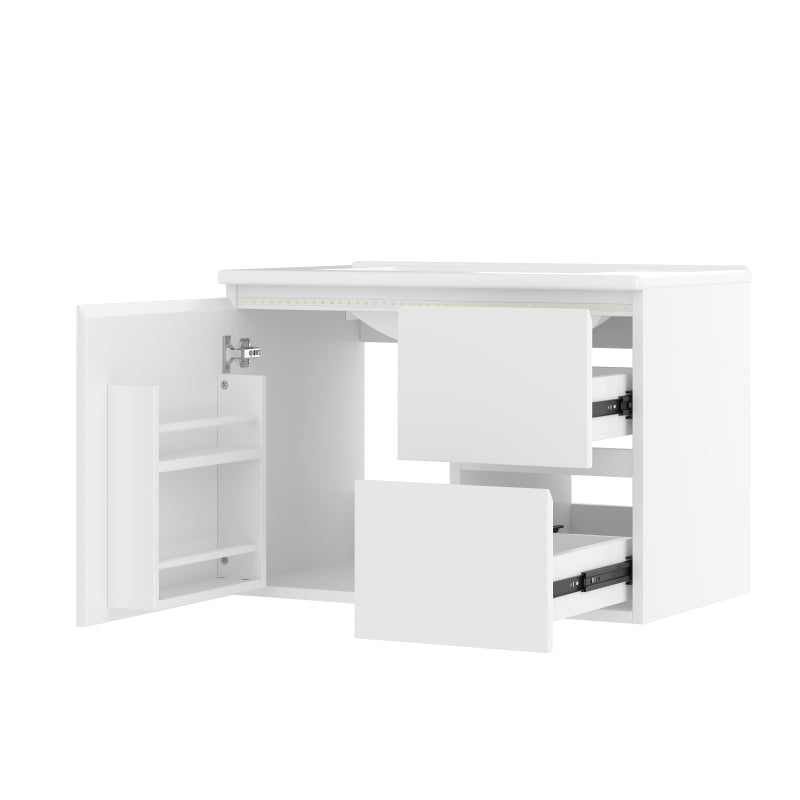76x46x50cm wandhängend Badezimmerschränk, komplett lackiert, LED-Radarsensor-Beleuchtung, Waschtisch, zwei Schubladen, leise Gleitschienen, linke und rechte Ablage, integriertes Waschbecken, weiß