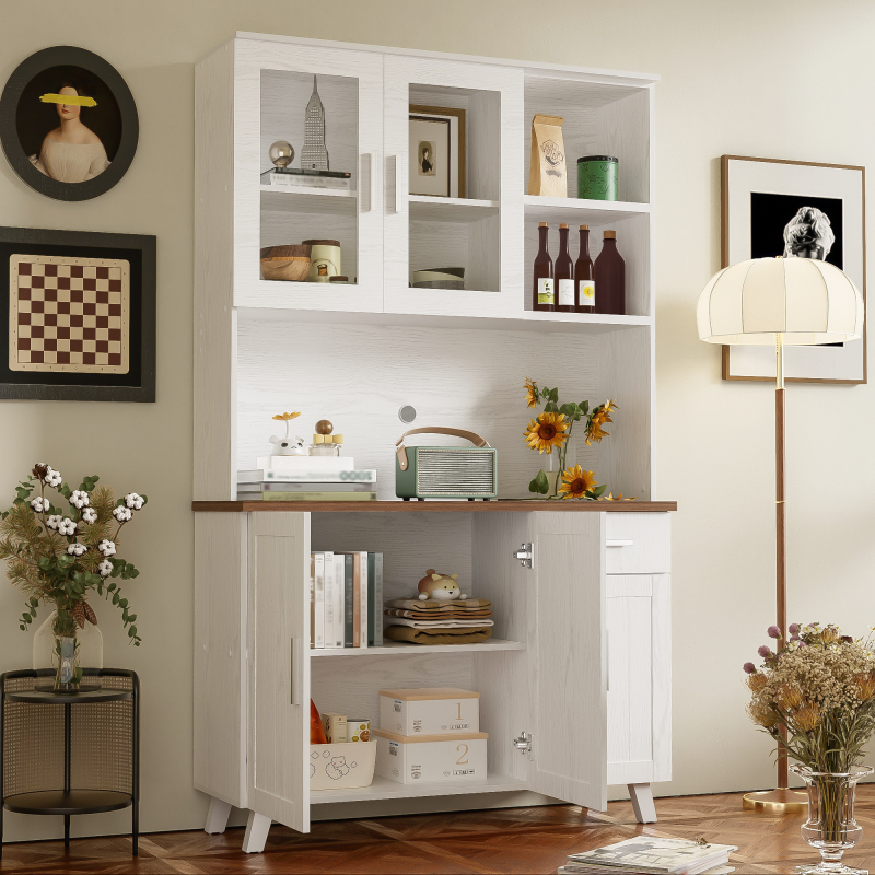 Sideboard, Weißer Holzmaserung-Hochschrank 114 x 40 x 190 cm, geeignet für Wohnzimmer und Esszimmer