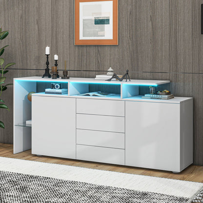 Modernes Sideboard 160cm mit LED-Beleuchtung & App-Steuerung, Hochglanz-Fronten, 4 Schubladen & Glasfach, TV-Schrank Kommode Weiß/Anthrazit