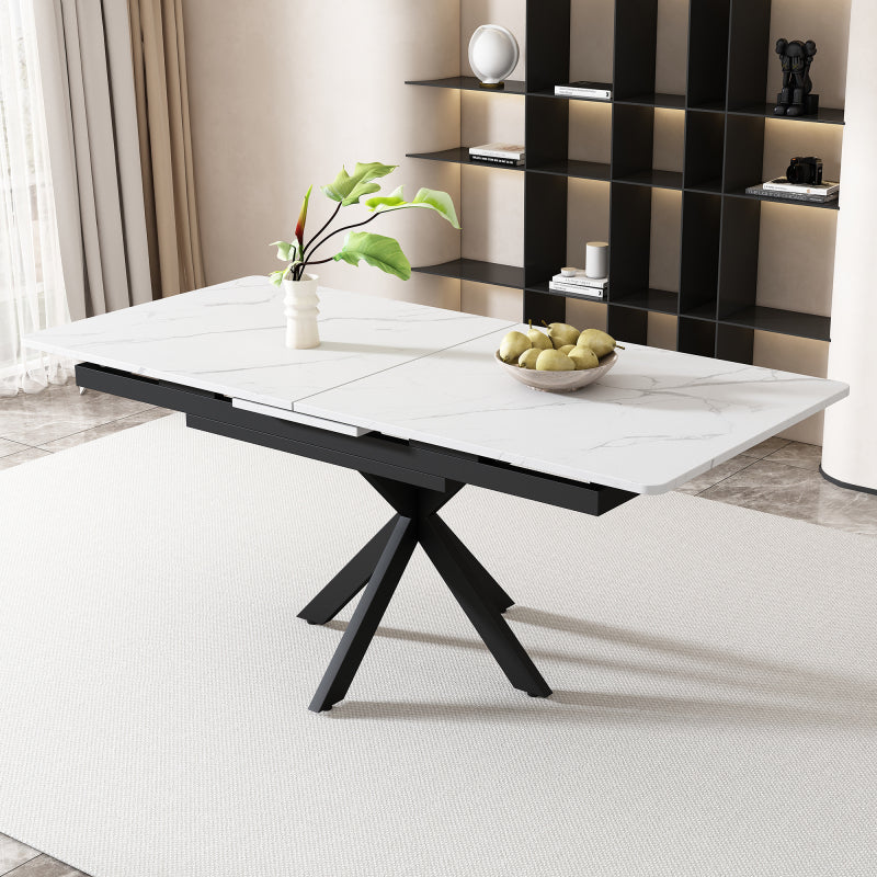 Erweiterbarer Esstisch,  L150/180 x B70 x H76 cm, Kreuzbein-Design, Marmorstruktur, Schwarz und Weiß