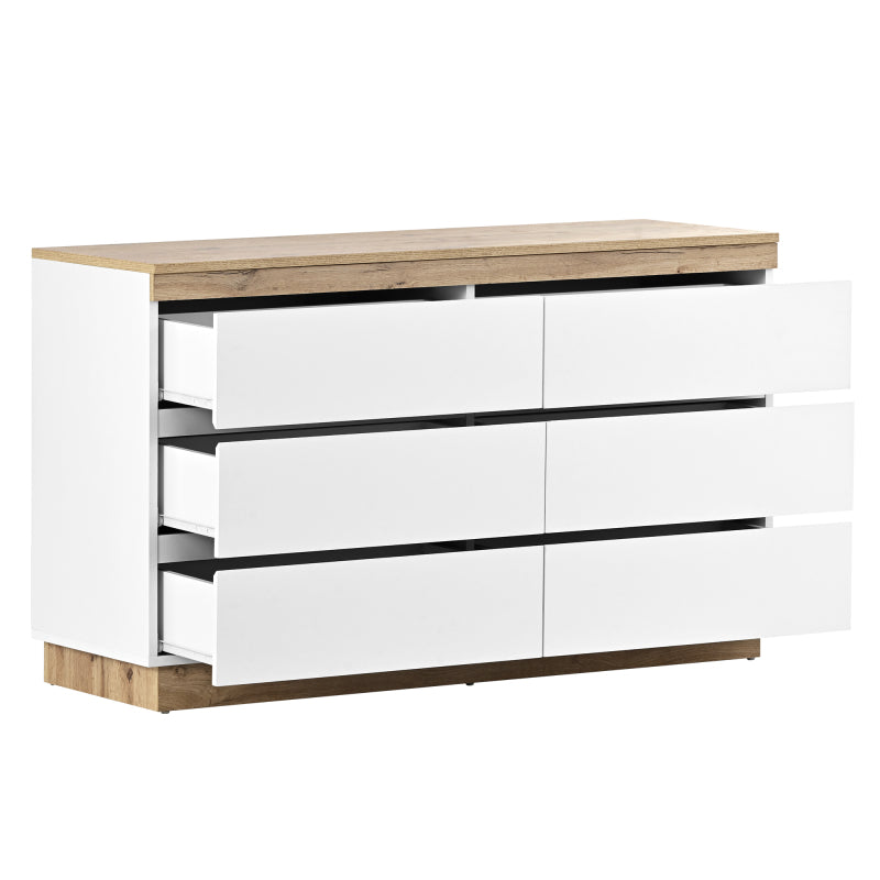 Kommode mit 6 Schubladen, Schließfach,Funktion von Aufbewahrung, für Schlafzimmer und Wohnzimmer, E1-Spanplatte, weiß+oak
