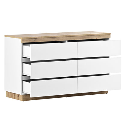 Kommode mit 6 Schubladen, Schließfach,Funktion von Aufbewahrung, für Schlafzimmer und Wohnzimmer, E1-Spanplatte, weiß+oak