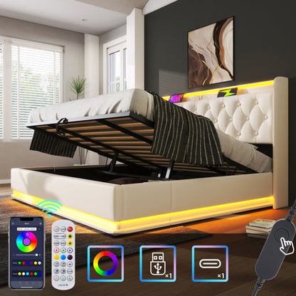 Polsterbett Doppelbett, 360-Surround-LED-Funktion, Drucktaste/App/Fernbedienung, 180*200 cm, weiß PU-Material Hydraulisches Lagerbett, gepolstertes Kopfteil mit USB Typ-C Ladefunktion (Ohne Matratze)