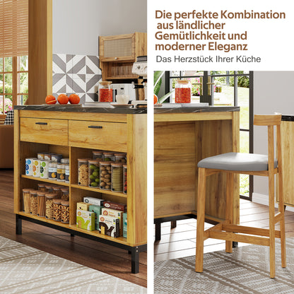 Kücheninsel 120x75 cm (Eiche & Marmor-Optik), Küchentheke mit Sitzplatz, 2 Schubladen, Metallgestell