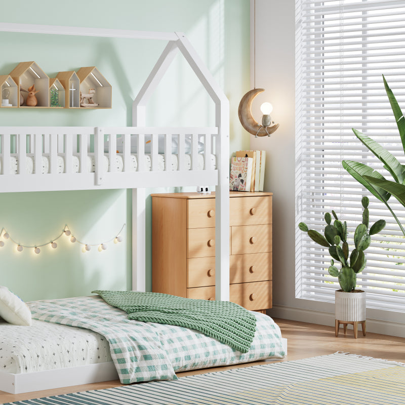 [29994142WAA]Etagenbett, Hausbett mit Treppe, Kinderbett mit Fallschutz und Gitter, Rahmen aus Kiefer, weiß (90x200&140*190cm)