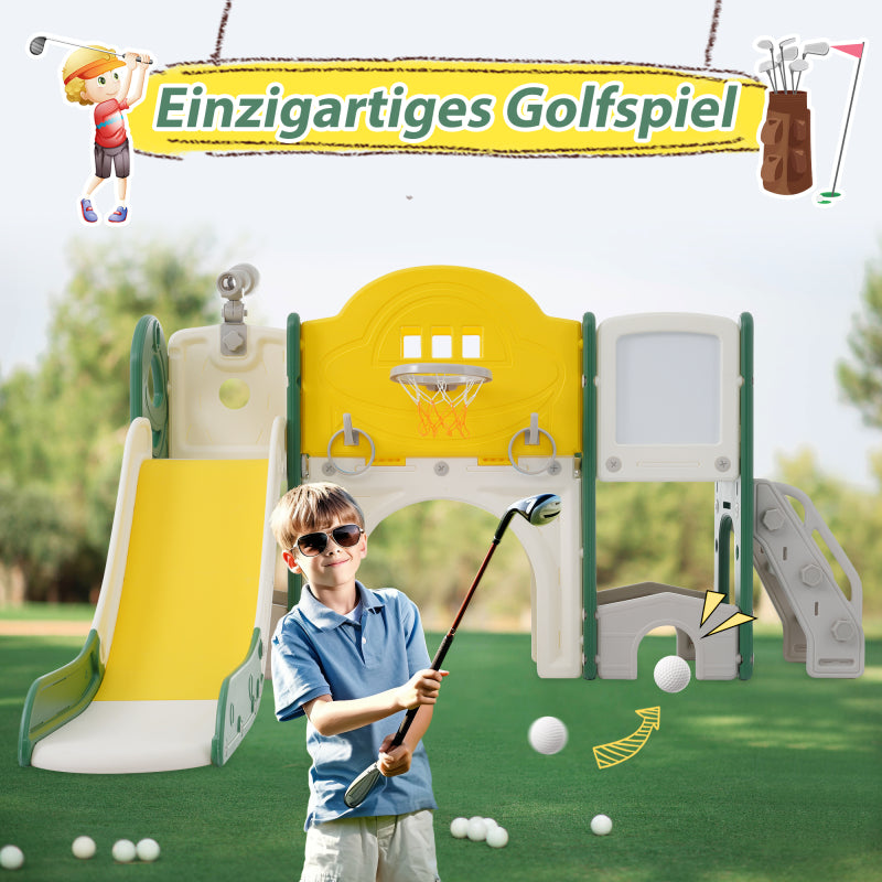 10 in 1 Kinderrutsche Kletterspielzeug, Multifunktionsrutsche Rutschen, freistehende Rutsche, Klettern, Bohrspiel, Stauraum, Spielkorridor, Basketballkorb, Lasso-Spiel, Reißbrett, Golfspiel, Teleskop