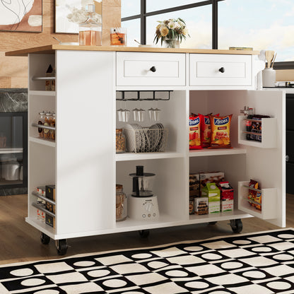Kücheninsel mit herausnehmbaren Trennwänden, Küchenschrank, Esszimmerwagen mit Arbeitsplatte, Buffetschrank, Esszimmerwagen mit Holzmaserung, ausgestattet mit Snackhalter und Weinglasregal, weiß
