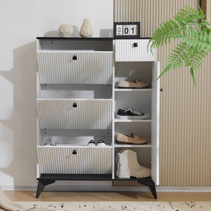 Schuhschrank mit 3 Klappen, 1 Schublade und 1 Tür, Schuhregal, Schuhkipper schmal, Schuhschrank weiß