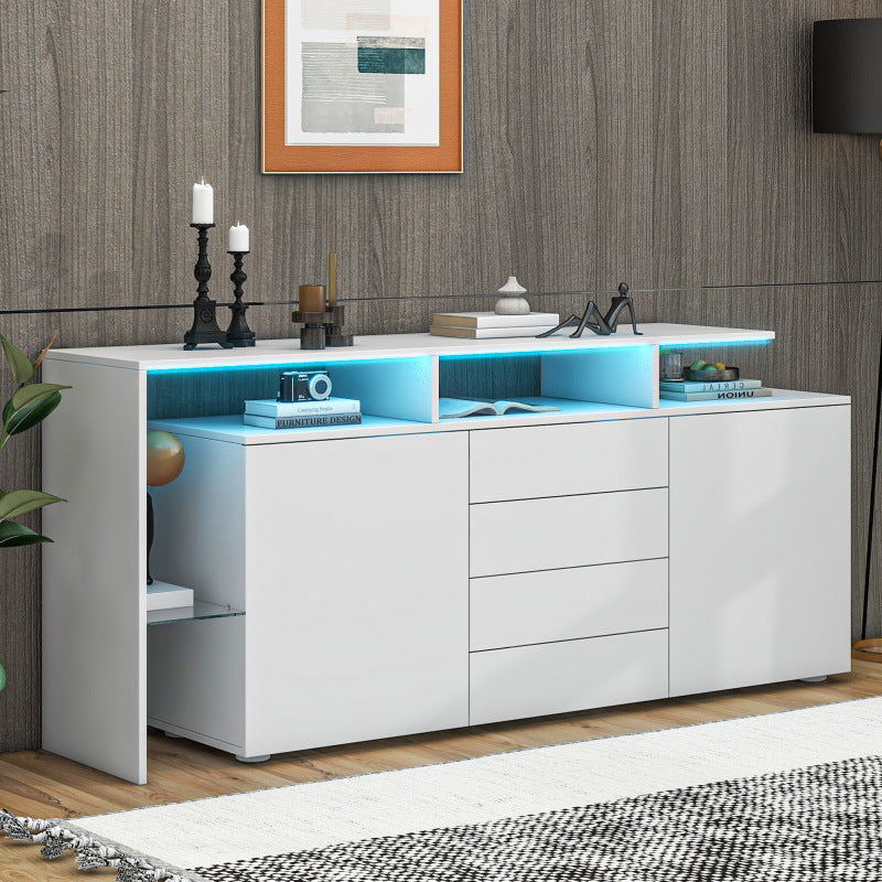 Kommode, Sideboard mit LED, Wohnzimmermöbel in Weiß Hochglanz, Wohnzimmerschrank, Standschrank, TV-Schrank, Wohnzimmerwand, Highboard, Mehrzweckschrank, LED-Vitrine, Buffetschrank Esszimmer