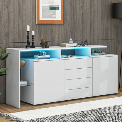 Kommode, Sideboard mit LED, Wohnzimmermöbel in Weiß Hochglanz, Wohnzimmerschrank, Standschrank, TV-Schrank, Wohnzimmerwand, Highboard, Mehrzweckschrank, LED-Vitrine, Buffetschrank Esszimmer