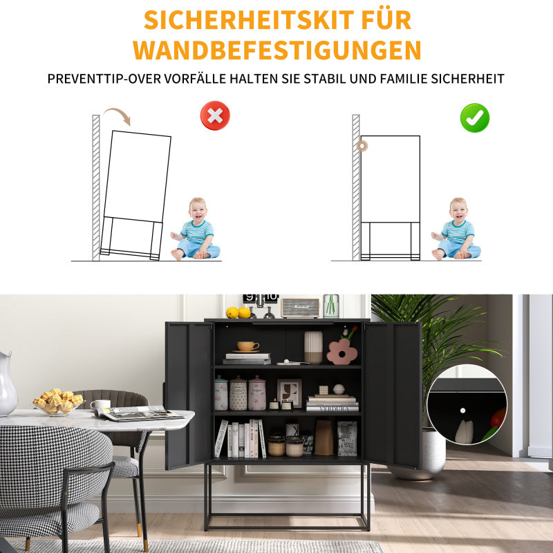 Metall-Sideboard,Lagerschrank– 2 Regale, freistehender Stahlschrank, Magnettüren, Anti-Kipp-Sicherung, Wohnzimmer, Küche, Büro, Schwarz, H 109 cm × B 85 cm × T 40 cm