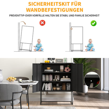 Metall-Sideboard,Lagerschrank– 2 Regale, freistehender Stahlschrank, Magnettüren, Anti-Kipp-Sicherung, Wohnzimmer, Küche, Büro, Schwarz, H 109 cm × B 85 cm × T 40 cm
