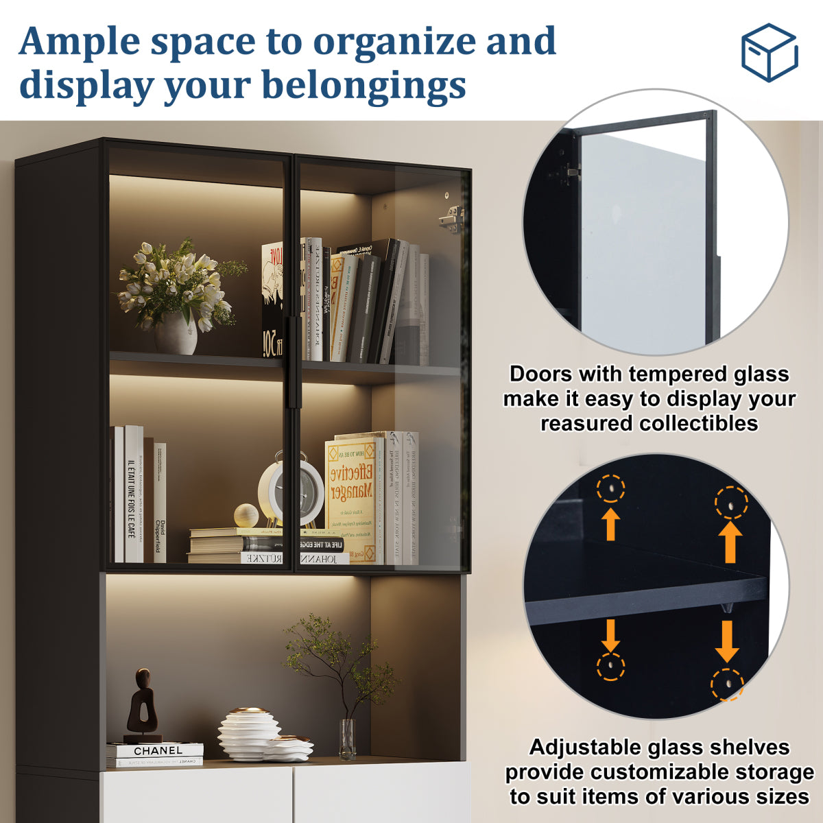 Moderne Vitrine 80x30x200cm Weiß/Schwarz - Glasschrank mit LED, Einstellbare Helligkeit & Farbtemperatur, Sammler-Bücherregal mit Glastüren