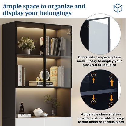 Moderne Vitrine 80x30x200cm Weiß/Schwarz - Glasschrank mit LED, Einstellbare Helligkeit & Farbtemperatur, Sammler-Bücherregal mit Glastüren