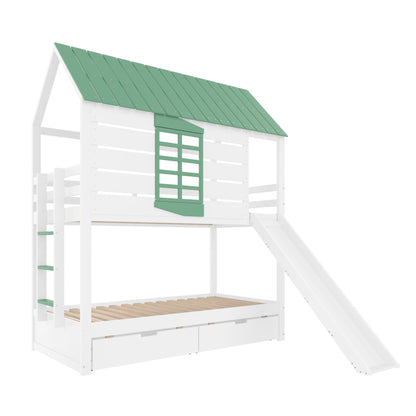 90X200 Haus-Etagenbett mit Rutsche und 2 Schubladen, Weiß+Grün