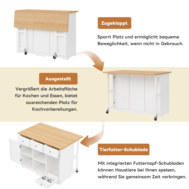 Küchenwagen, mobiler Servierwagen, Kücheninsel mit Schublade, Küchenschrank mit Haustierfressnapf/Haustieressbereich, 120*70*90cm, weiß