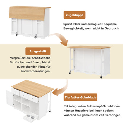 Küchenwagen, mobiler Servierwagen, Kücheninsel mit Schublade, Küchenschrank mit Haustierfressnapf/Haustieressbereich, 120*70*90cm, weiß